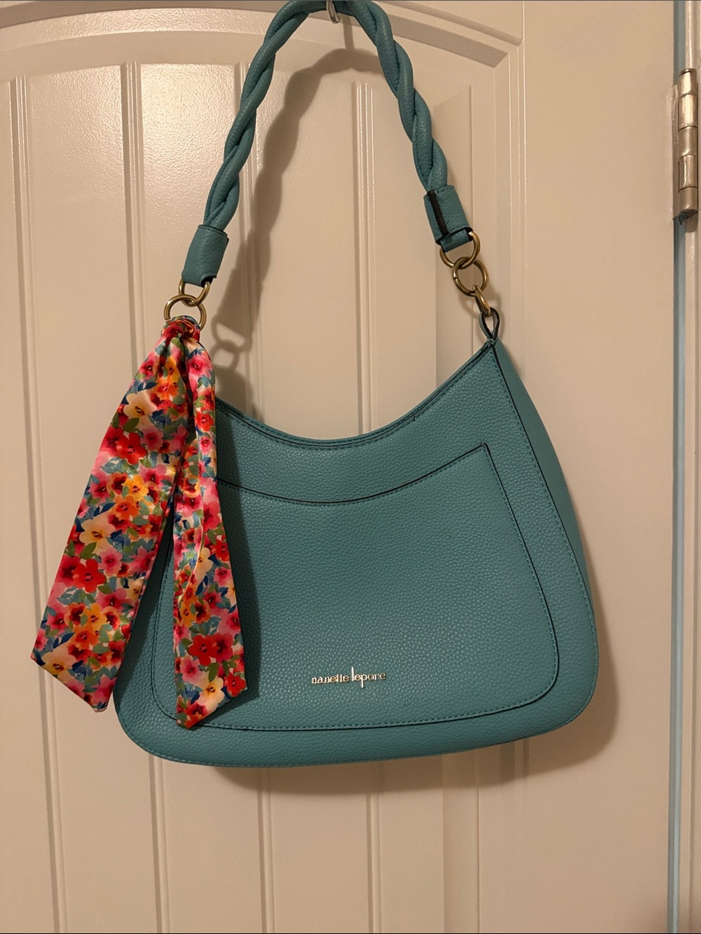 Nanette Lepore Teal Shoulder Bag with Floral Scarf Accent